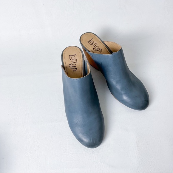 Latigo Distressed Denim Blue Genuine Leather Wood Heel Mules/Clogs - Picture 3 of 13